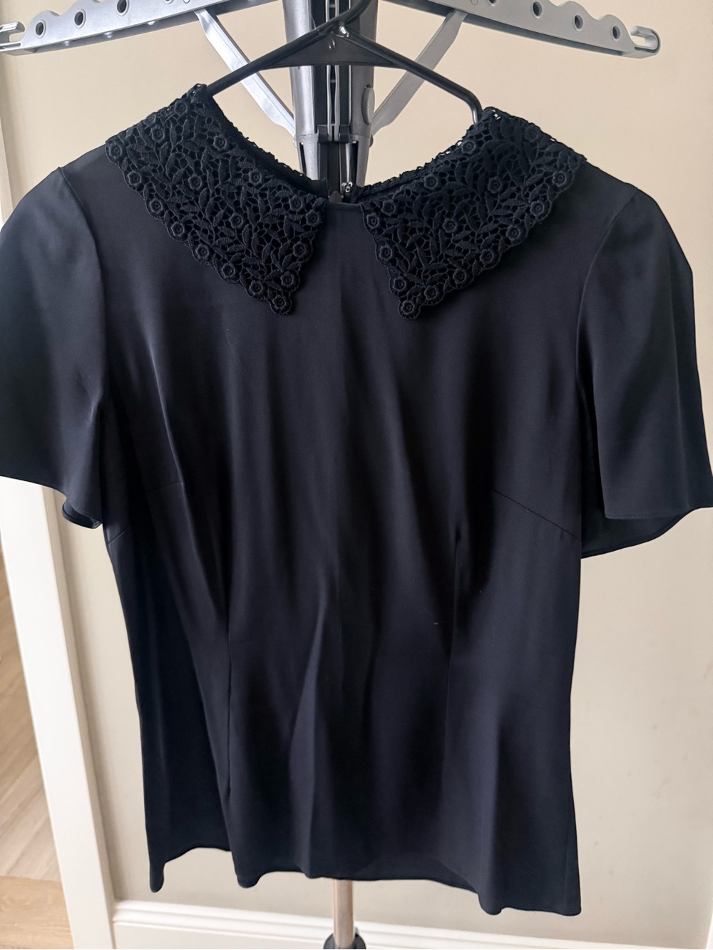 Dolce & Gabbana Black Short Sleeve Blouse with Lace Collar